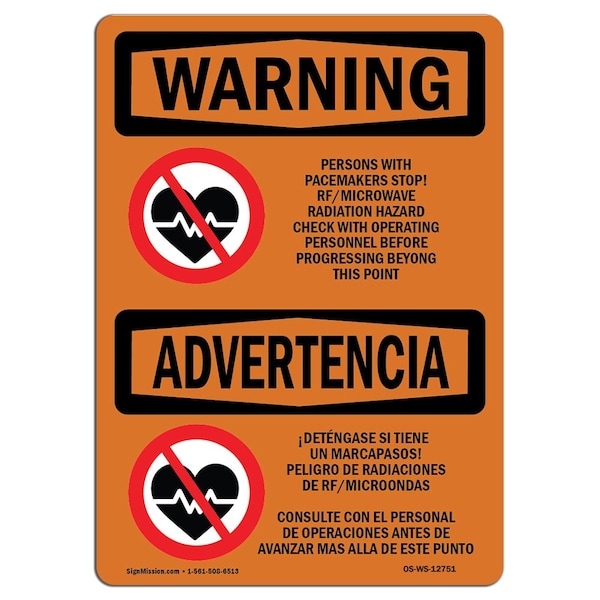 OSHA, Pacemakers Stop! Rf Microwave Bilingual, 24in X 18in Rigid Plastic, 24" W, 18" H, Landscape